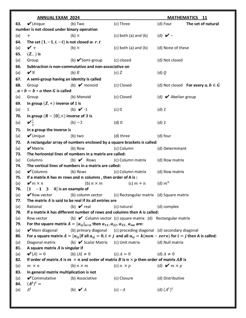 1st year Maths important MCQs guess paper 2024