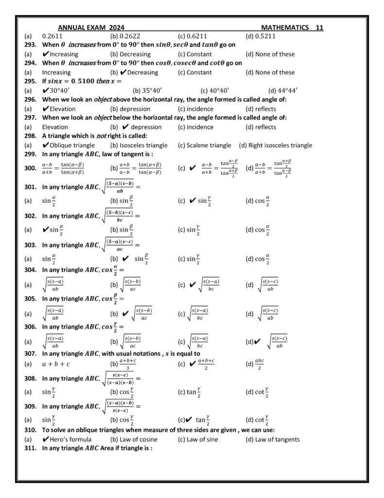 1st year Maths important MCQs guess paper 2024