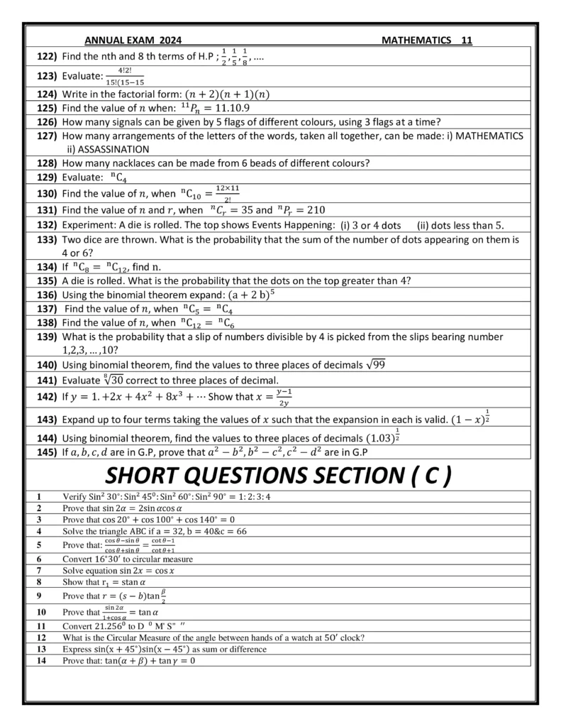 11th class important short questions for Maths paper Punjab Board 2024