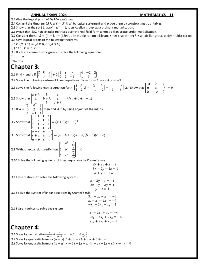 1st year important long questions for Maths paper Punjab Board 2024